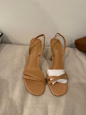 Larroude Tan Strappy Slingback Heels
